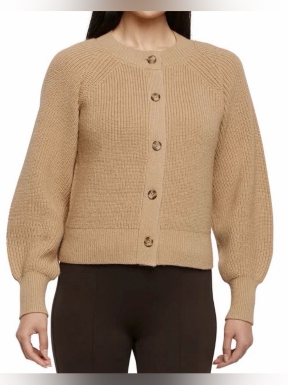 NWT Banana Republic Size L Button-Front Knit Cardigan Sweater Balloon Sleeve Tan
